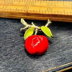 Vintage GERRY bright red apple on branch brooch pin gold